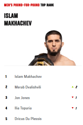 Islam Makhachev
Merab Dvalishvili
Jon Jones
Ilia Topuria
Dricus Du Plessis